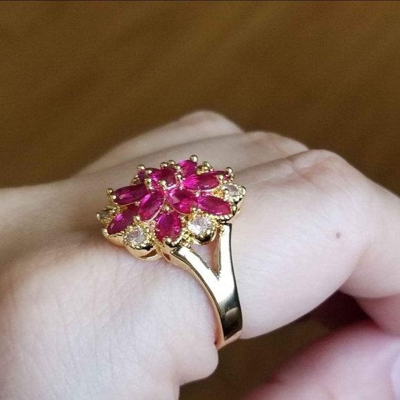 New 18K Gold Plated Ruby Diamond Flower Ring for Women - Picture 3 of 9